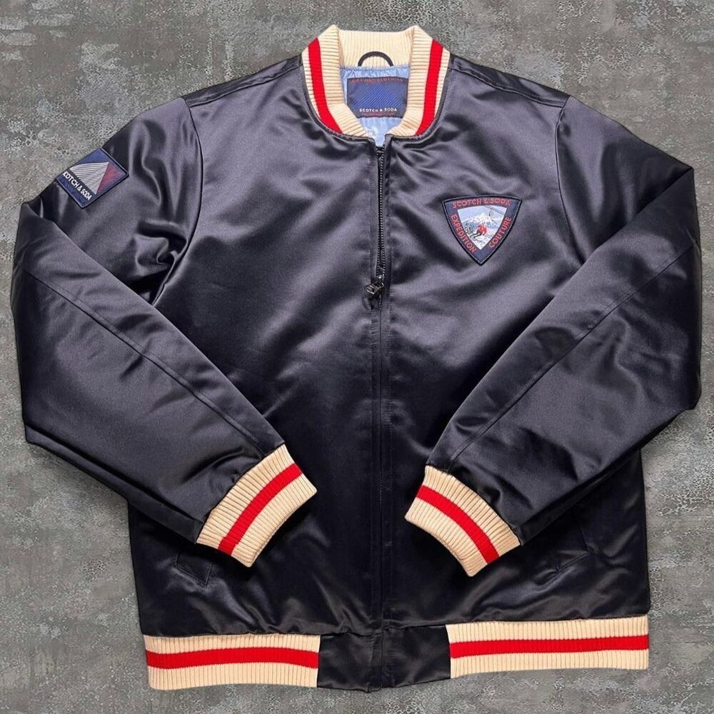 Scotch & Soda Bomber Jacket Men's XL Black Varsity Ribbing Patches Collegiate